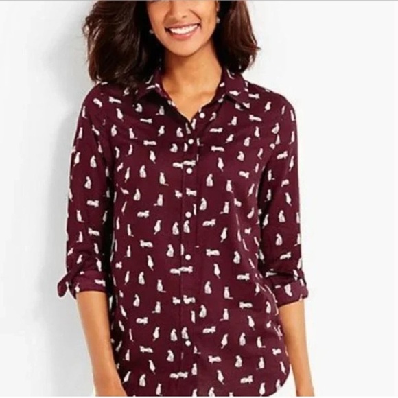 Talbots Women's 1X Button-Down Cat Shirt Burgundy Red Maroon Long Sleeve - Picture 1 of 12